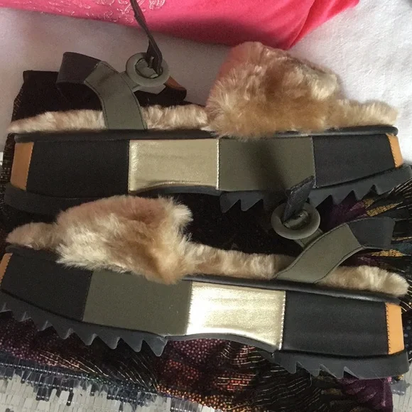 FARM Rio Faux Fur Platform Sandals - Black, Tan, and Gold - Picture 3 of 5